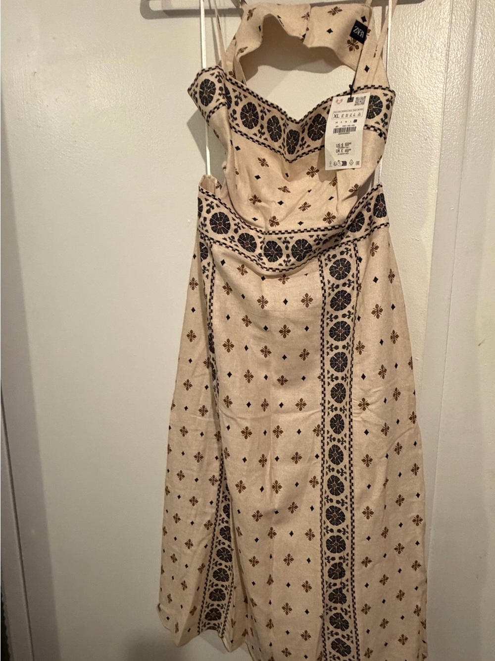 Zara Beige Midi Dress with Black Printed Trim